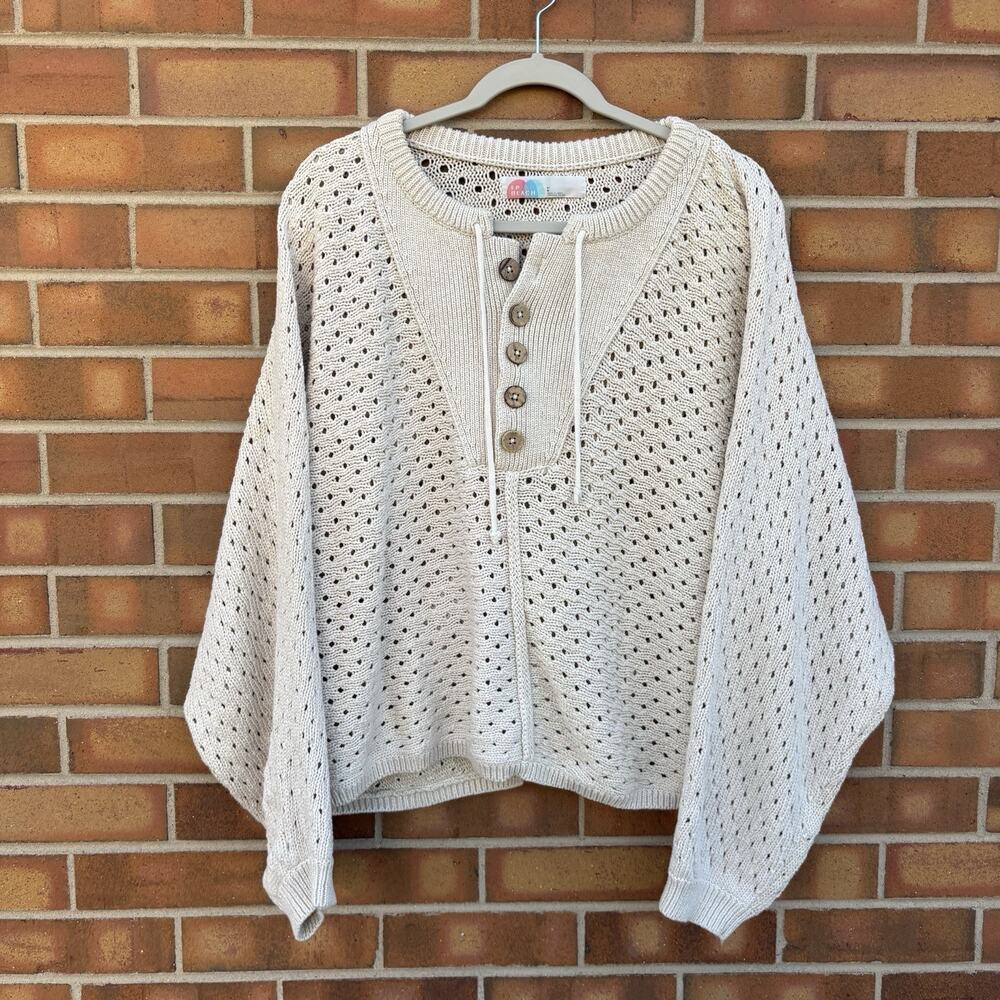 Free People Beach Cabrera Sweater Pullover Cream Henley Button Sz L - Picture 4 of 12